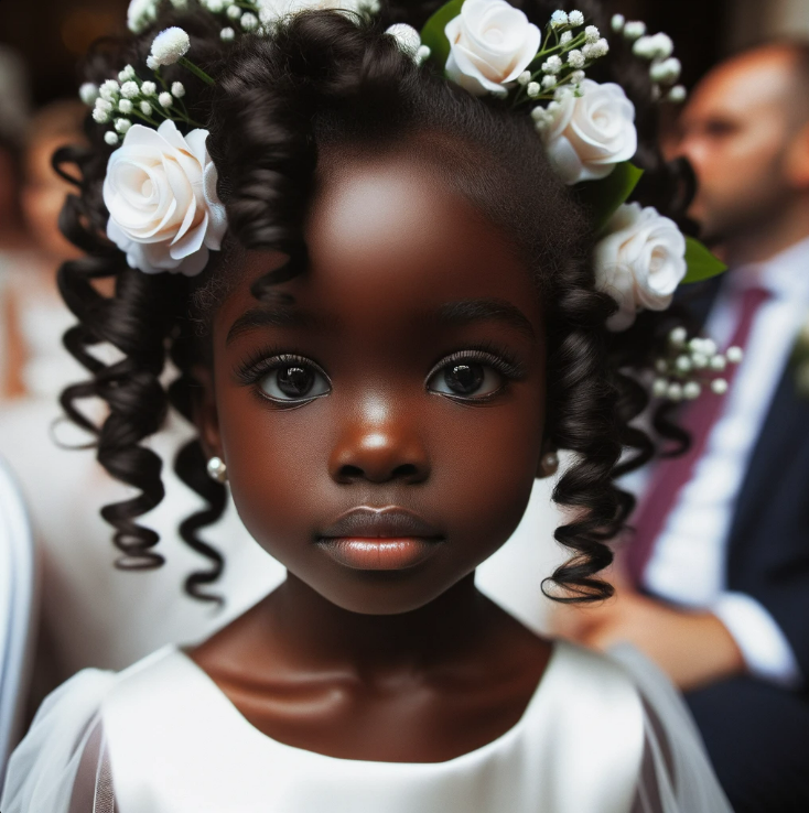 Photo of a young African girl with flower girl curls adorned with white flowers, attending a wedding.