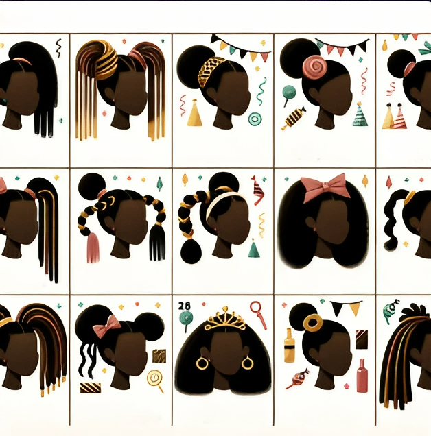 Infographic showcasing different playful ponytail variations suitable for birthday parties on African hair